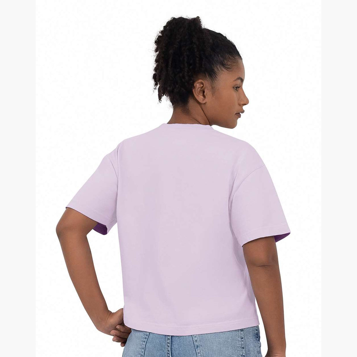 Back view of the orchid Matcha Girl cropped tee showing the boxy cropped fit