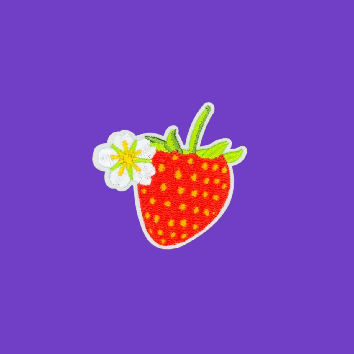 Strawberry embroidered patch with flower blossom detail