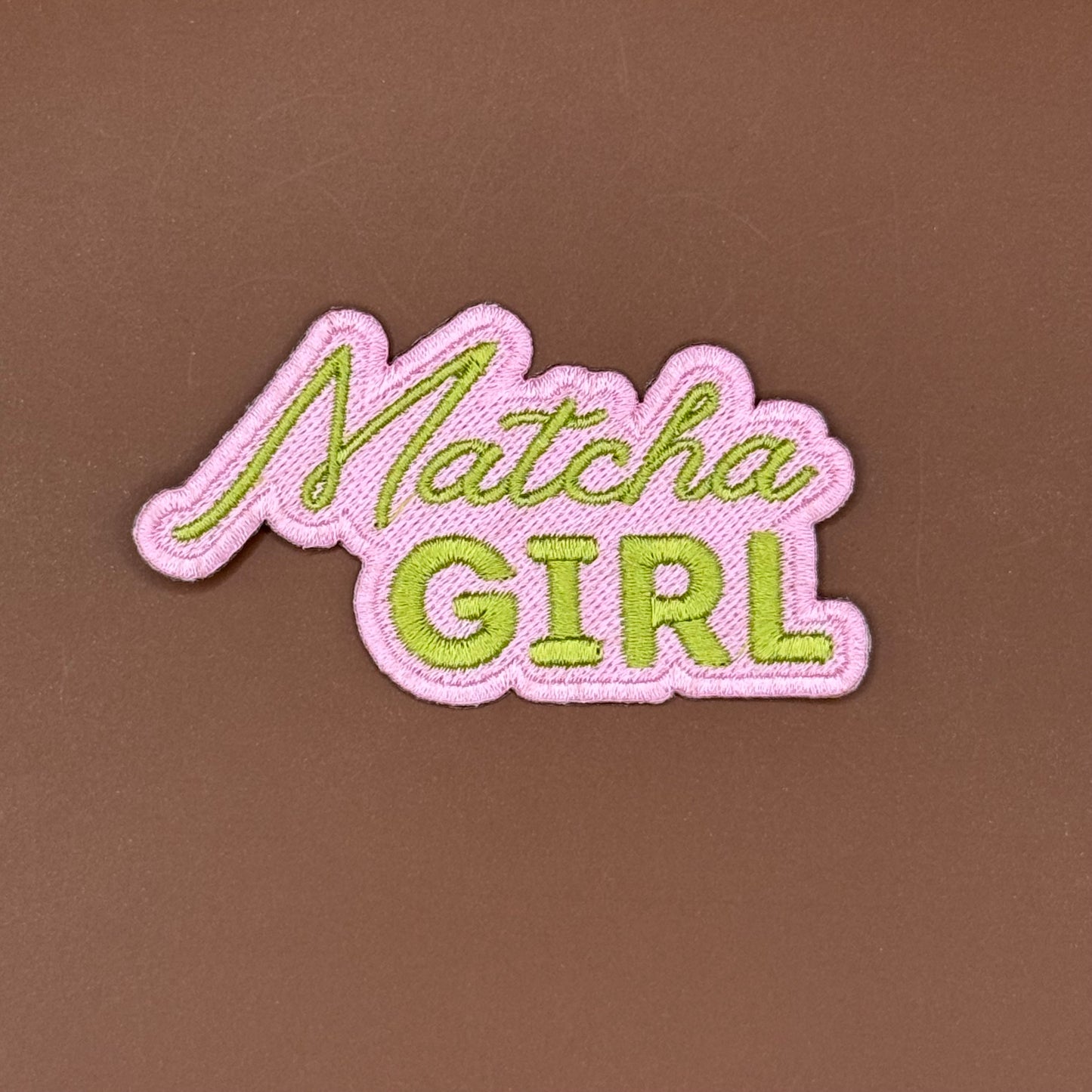 Matcha Girl script logo embroidered patch in green, alternate view