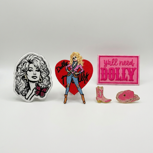 Ultimate Dolly Parton Set: 3 Dolly Parton iron-on patches with pink cowboy boot and cowboy hat pins