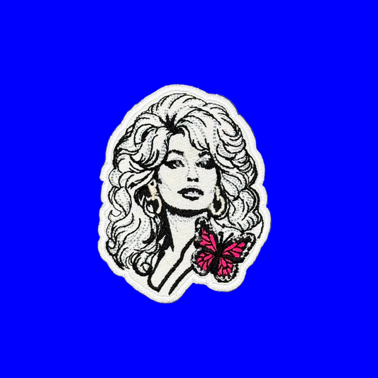 Dolly Parton black-and-white portrait iron-on patch with pink butterfly