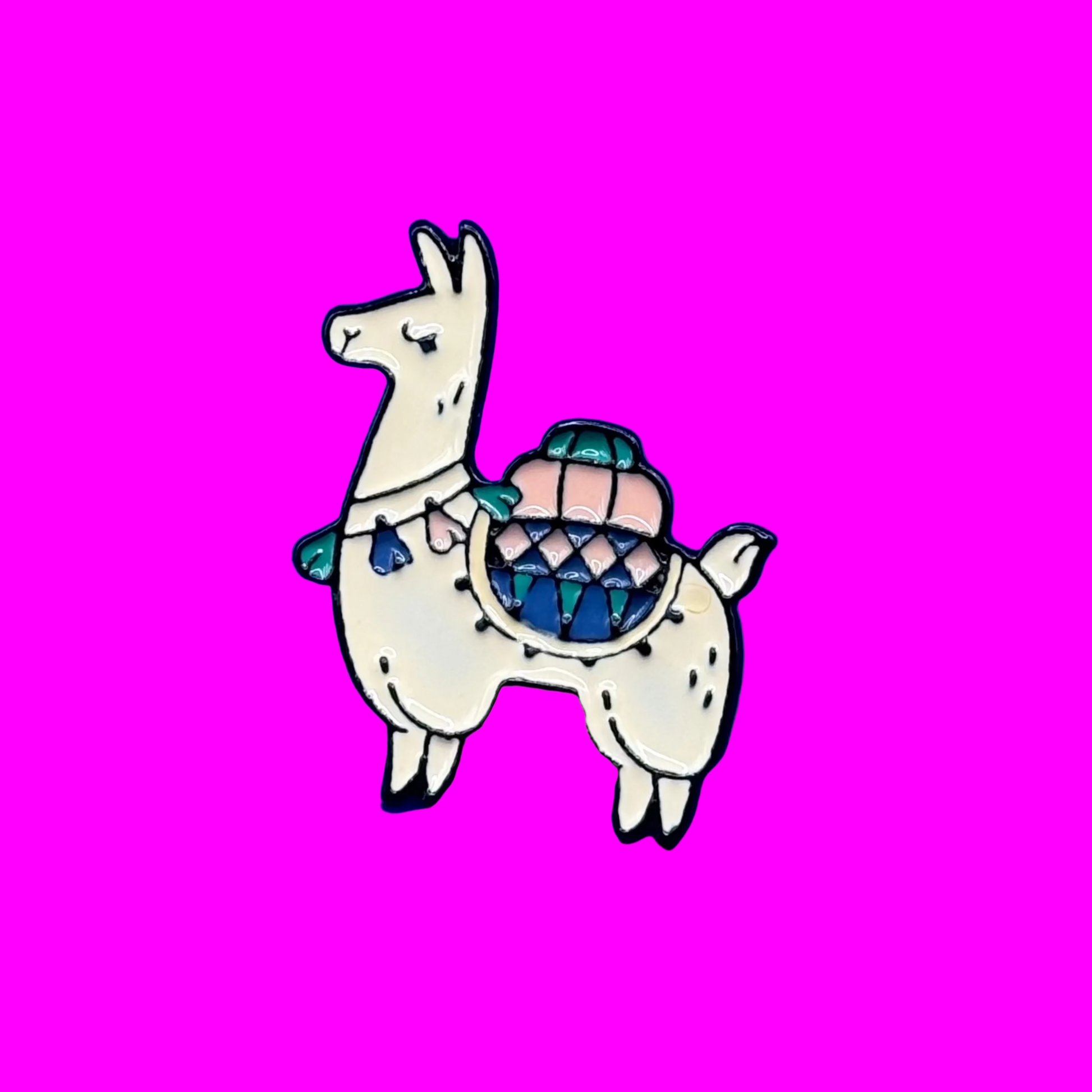 Cream llama enamel pin with sleepy eyes, tassels and a pastel saddle bag