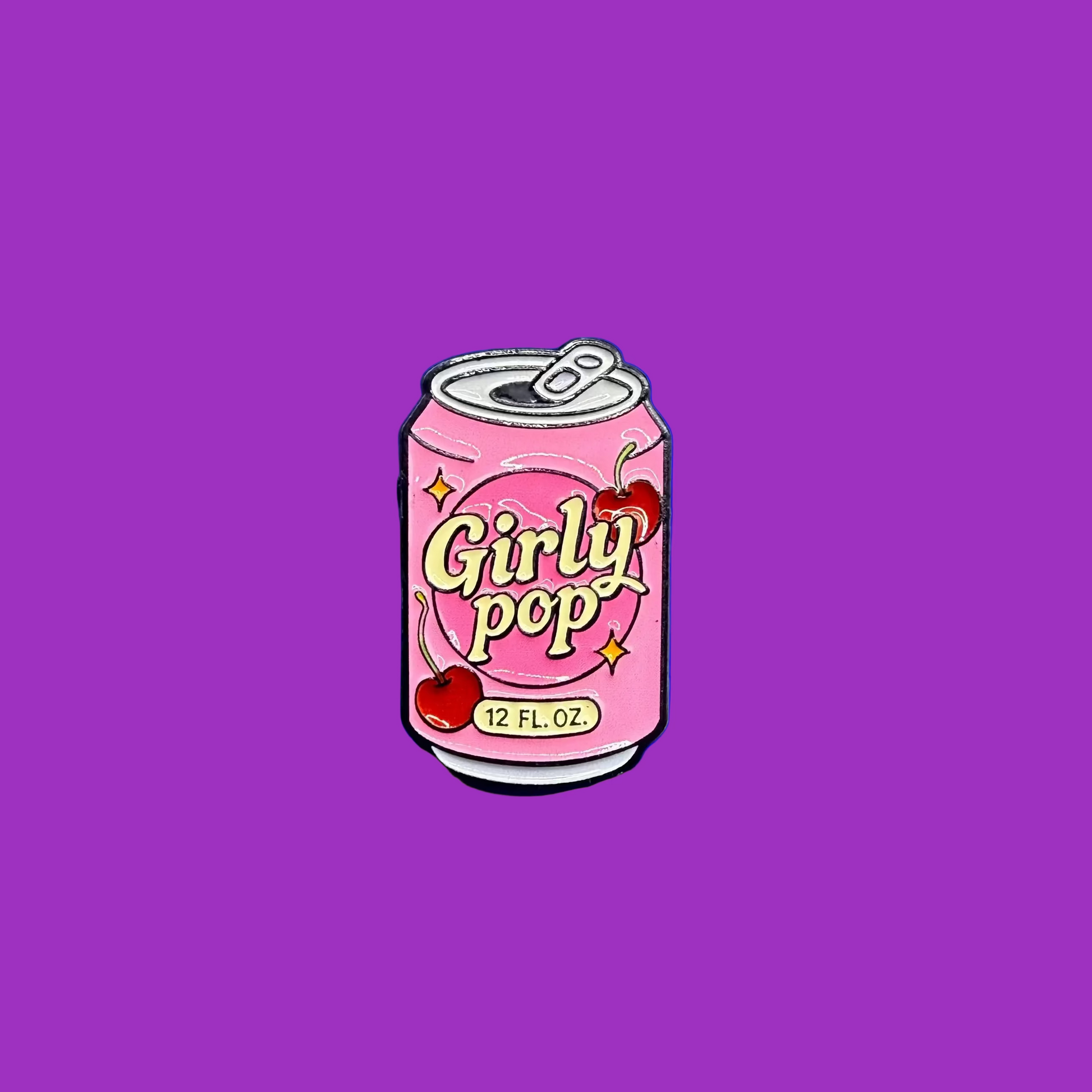 Pink Girly Pop cherry soda can enamel pin with red cherries and gold sparkles