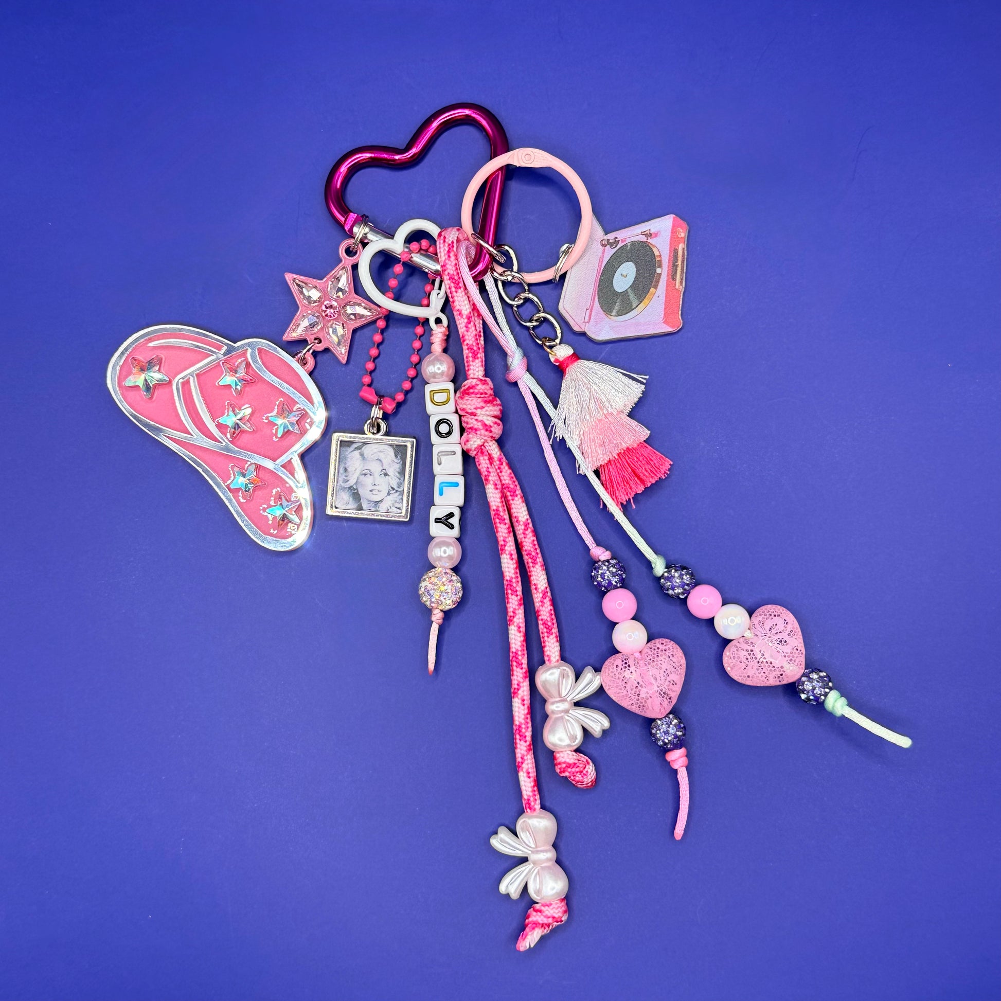 Custom Dolly Parton trinket bag charm with pink cowboy hat charms and beads