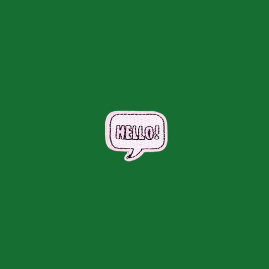 Speech bubble iron-on patch with HELLO in pink outlined letters