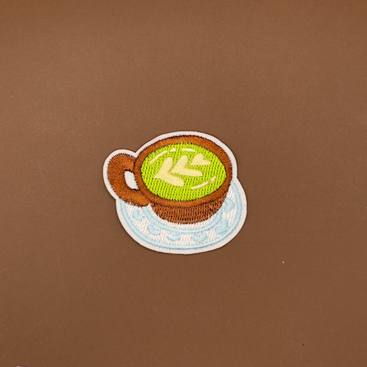 Matcha latte cup embroidered patch with foam top design