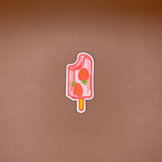 Coquette-style strawberry popsicle embroidered patch