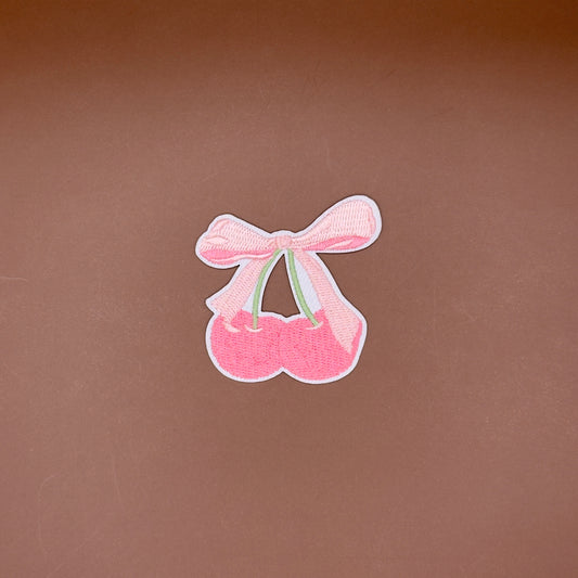 Coquette cherry embroidered patch with pink bow