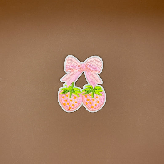Coquette pink strawberry pair with bow embroidered patch