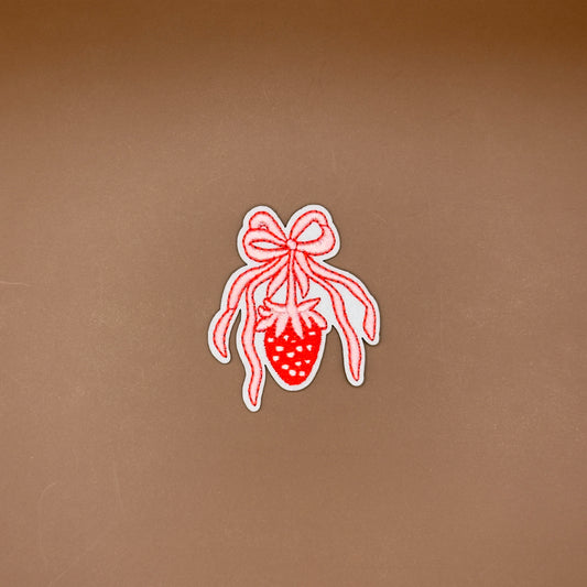 Coquette red strawberry with pink bow embroidered patch