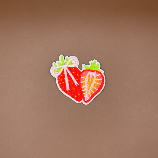 Coquette strawberry slice with pink bow embroidered patch