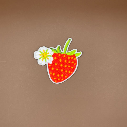 Strawberry embroidered patch with flower blossom detail