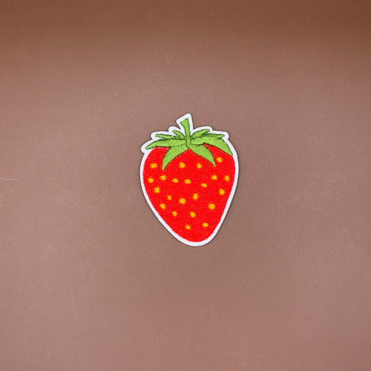 Bright red strawberry embroidered patch, large size