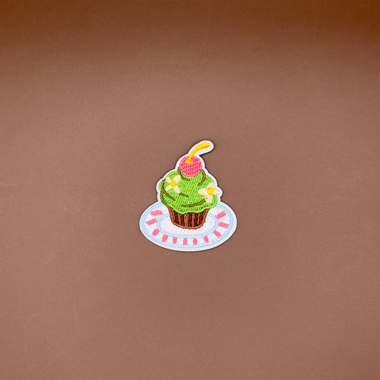 Matcha cupcake with cherry on top embroidered patch
