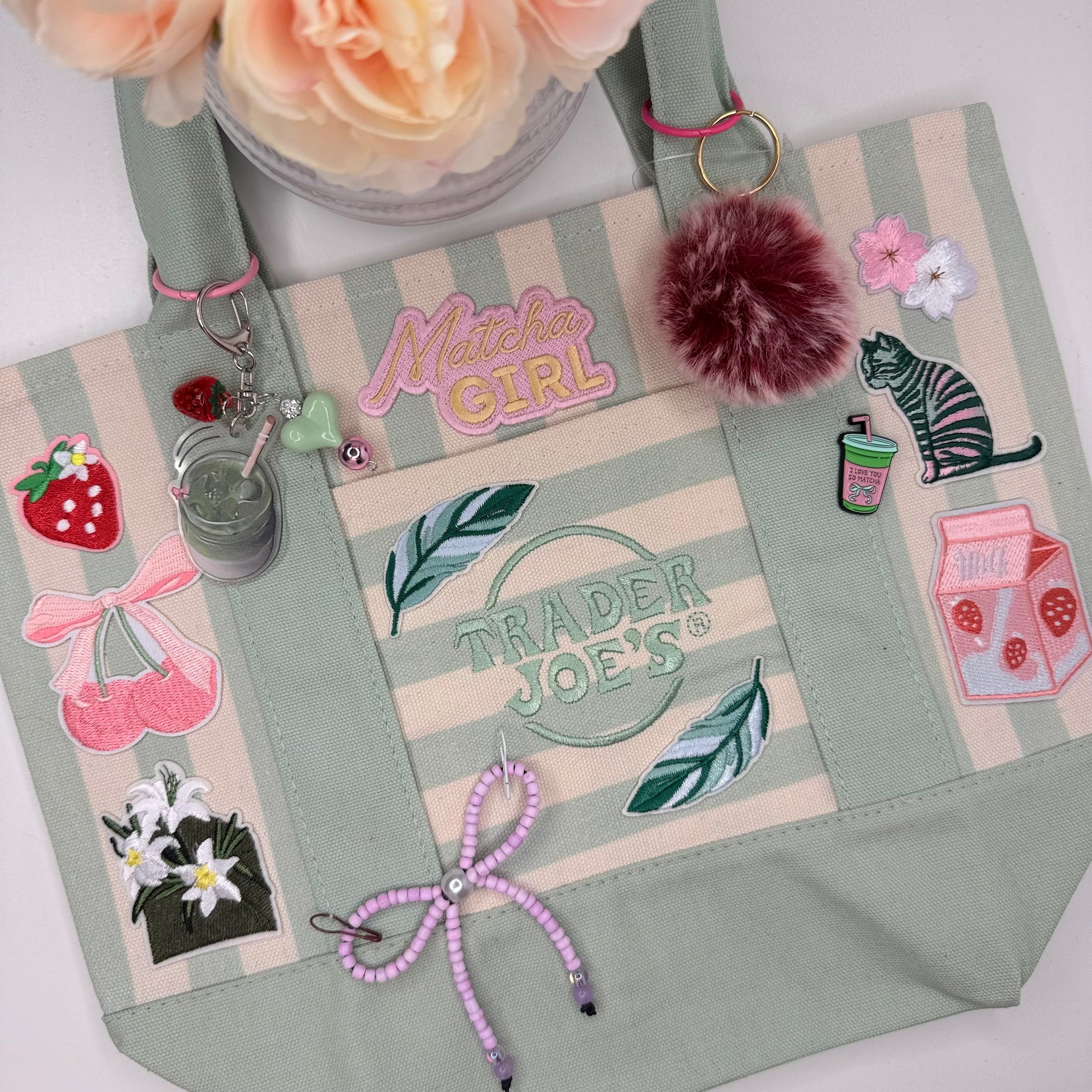Matcha Girl fully designed ready-to-ship tote, Sage Garden Pom