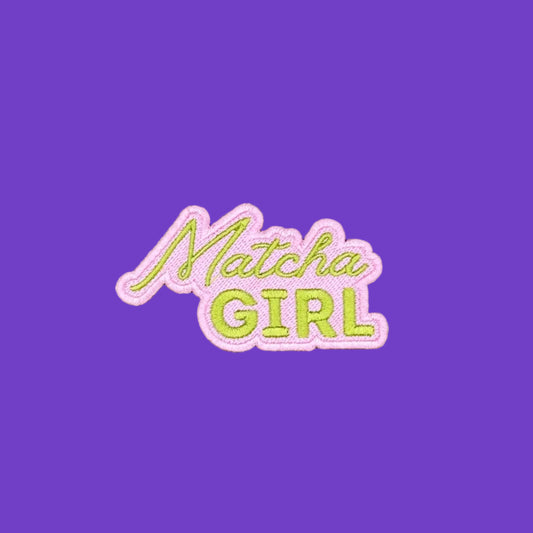 Matcha Girl script logo embroidered patch in green and pink.