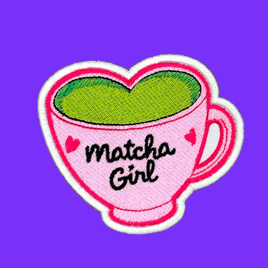 Matcha Girl Heart Cup iron-on patch, large — pink heart-shaped matcha cup embroidered patch