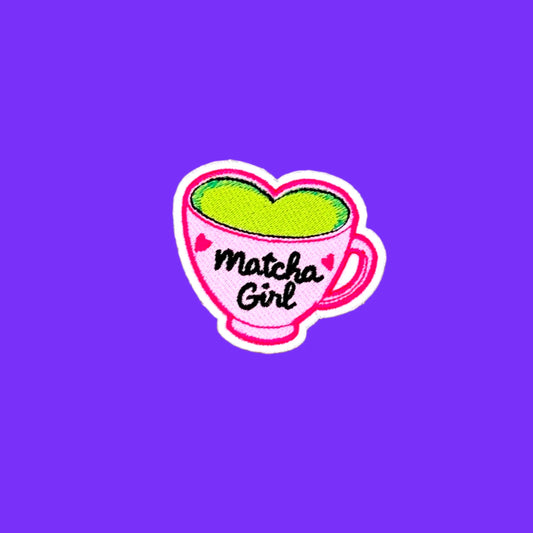 Matcha Girl Heart Cup iron-on patch, small — pink heart-shaped matcha cup embroidered patch