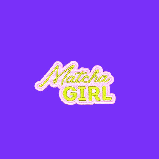 Matcha Girl logo iron-on patch in matcha green script