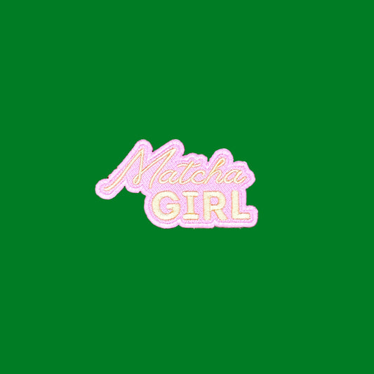 Matcha Girl logo iron-on patch in soft pink script