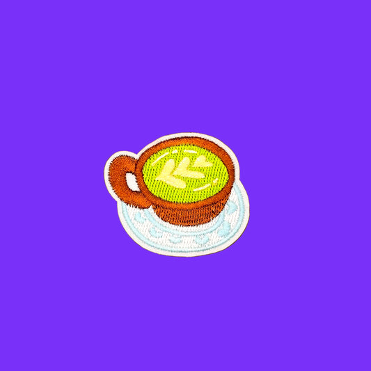 Matcha latte cup on saucer iron-on patch with latte art
