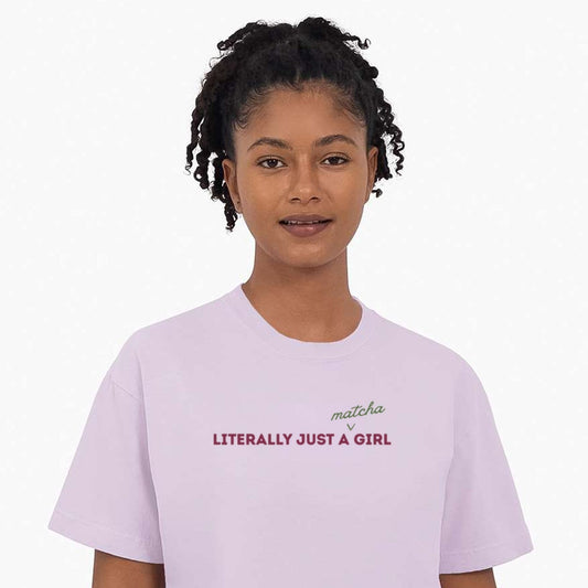 Model wearing the orchid Literally Just a Matcha Girl cropped tee with maroon and green front print
