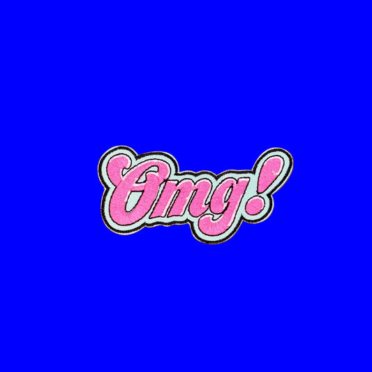 A pink embroidered patch with the text 'Omg!' in a retro cursive font, outlined in black and white, set against a solid terracotta background.