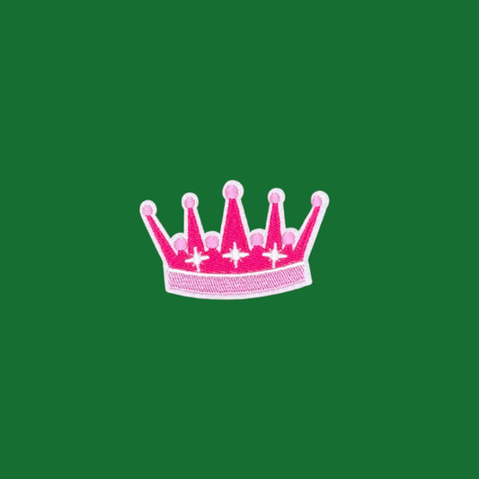 Five-point crown iron-on patch in two shades of pink with sparkle accents