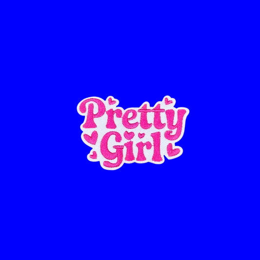 Hot pink retro Pretty Girl lettering iron-on patch scattered with small hearts