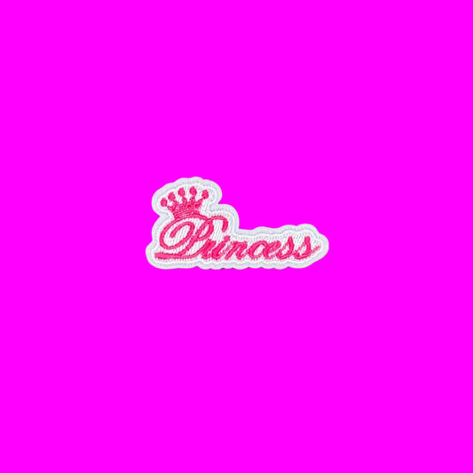 Hot pink Princess script iron-on patch with a small crown on the letter P