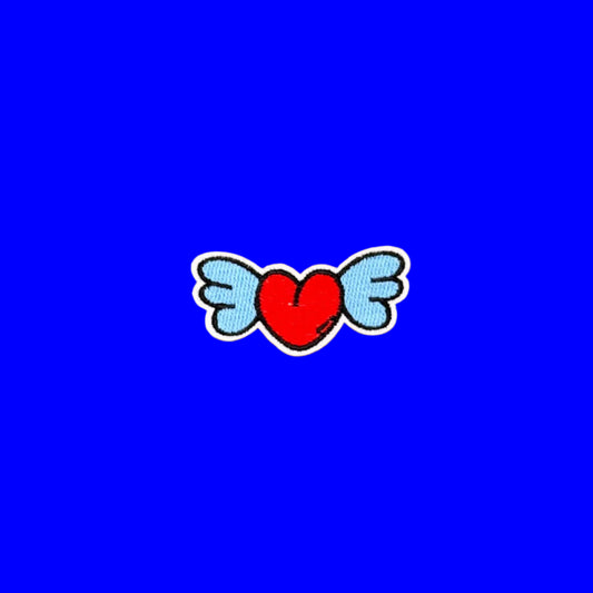 Red and blue winged heart embroidered patch