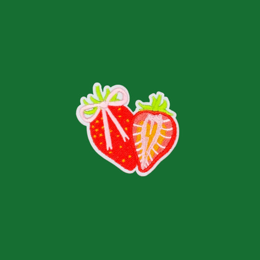 Coquette strawberry slice with pink bow embroidered patch