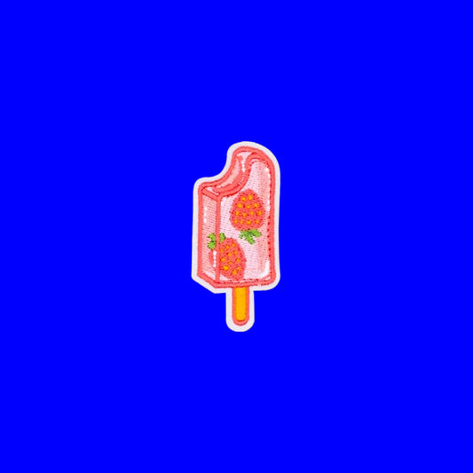 Coquette-style strawberry popsicle embroidered patch
