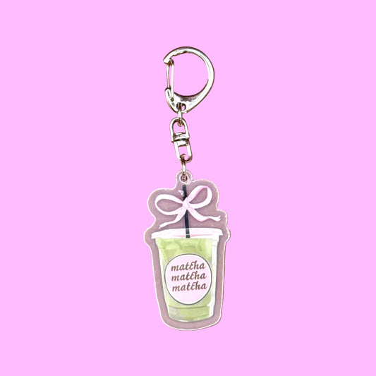 Matcha Matcha Matcha cup acrylic keychain with pink bow